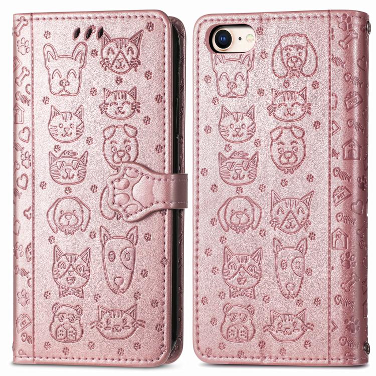 For iPhone 16e Cat and Dog Embossed Leather Phone Case(Rose Gold) by bashfashion