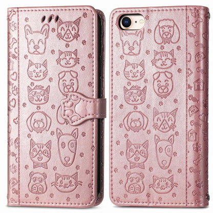 For iPhone 16e Cat and Dog Embossed Leather Phone Case(Rose Gold) by bashfashion
