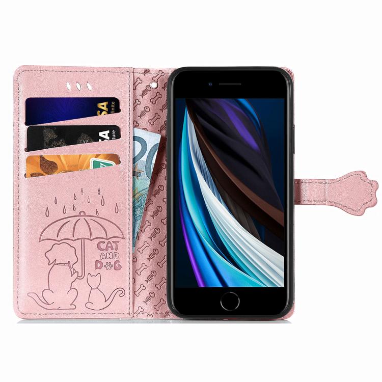 For iPhone 16e Cat and Dog Embossed Leather Phone Case(Rose Gold) by bashfashion