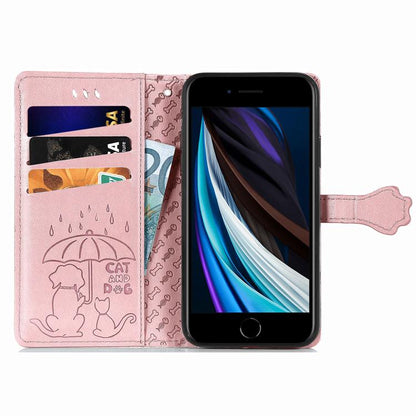 For iPhone 16e Cat and Dog Embossed Leather Phone Case(Rose Gold) by bashfashion