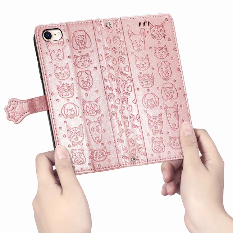 For iPhone 16e Cat and Dog Embossed Leather Phone Case(Rose Gold) by bashfashion