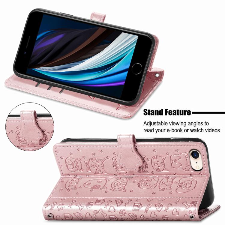 For iPhone 16e Cat and Dog Embossed Leather Phone Case(Rose Gold) by bashfashion