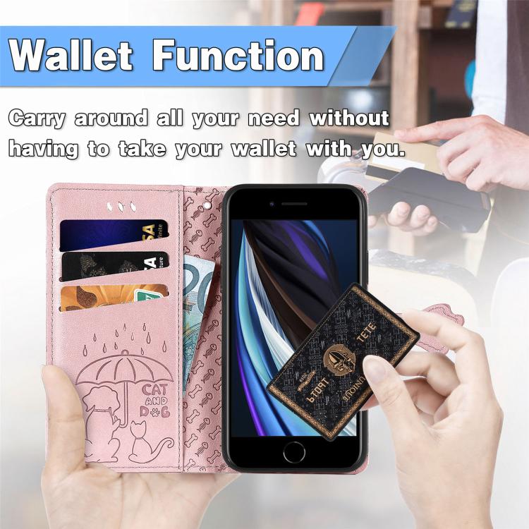 For iPhone 16e Cat and Dog Embossed Leather Phone Case(Rose Gold) by bashfashion