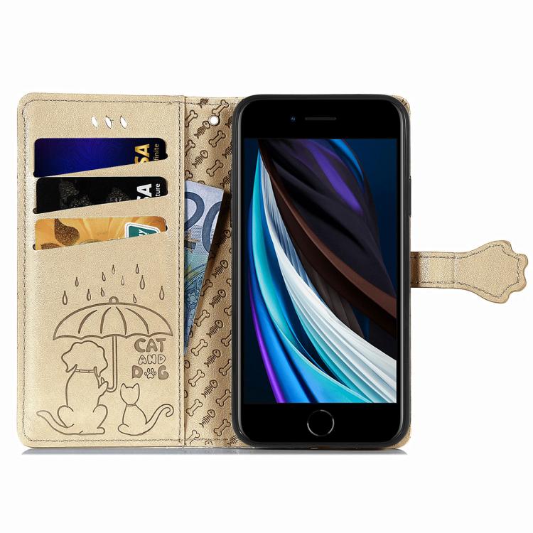 For iPhone 16e Cat and Dog Embossed Leather Phone Case(Gold) by bashfashion
