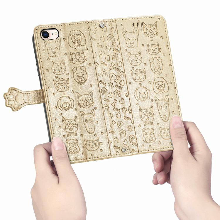 For iPhone 16e Cat and Dog Embossed Leather Phone Case(Gold) by bashfashion
