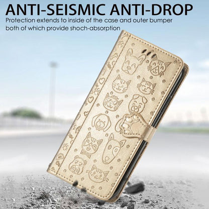 For iPhone 16e Cat and Dog Embossed Leather Phone Case(Gold) by bashfashion