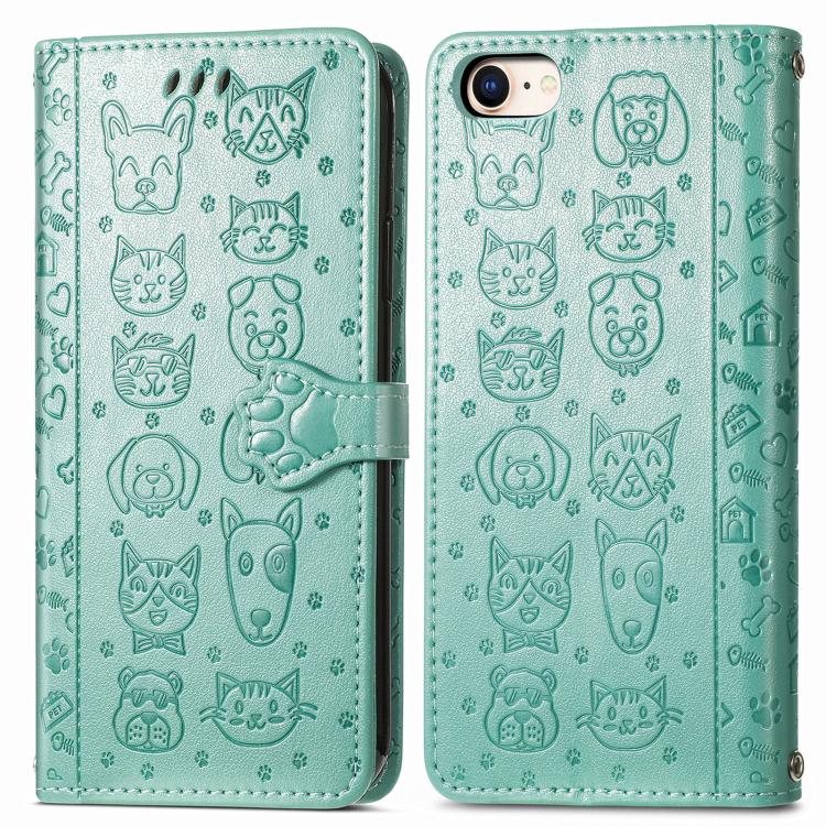 For iPhone 16e Cat and Dog Embossed Leather Phone Case(Green) by bashfashion