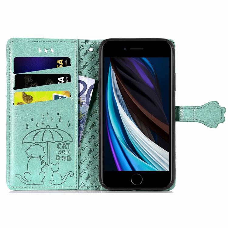 For iPhone 16e Cat and Dog Embossed Leather Phone Case(Green) by bashfashion