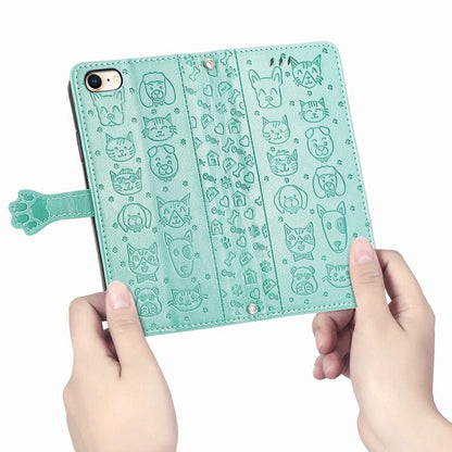 For iPhone 16e Cat and Dog Embossed Leather Phone Case(Green) by bashfashion