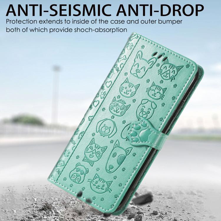 For iPhone 16e Cat and Dog Embossed Leather Phone Case(Green) by bashfashion