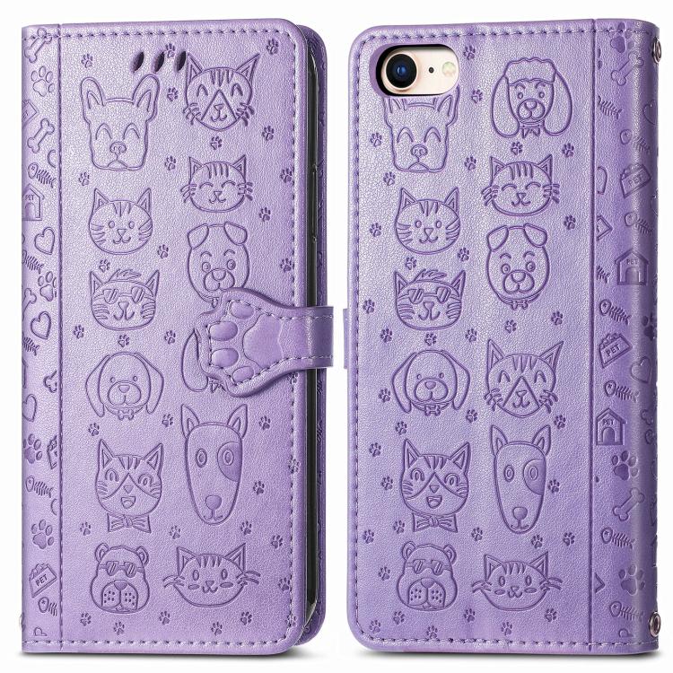 For iPhone 16e Cat and Dog Embossed Leather Phone Case(Purple) by bashfashion