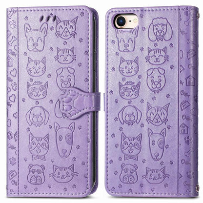For iPhone 16e Cat and Dog Embossed Leather Phone Case(Purple) by bashfashion
