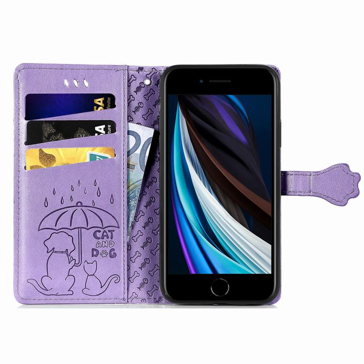 For iPhone 16e Cat and Dog Embossed Leather Phone Case(Purple) by bashfashion