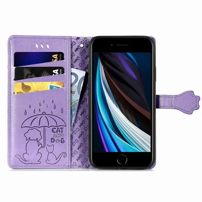 For iPhone 16e Cat and Dog Embossed Leather Phone Case(Purple) by bashfashion