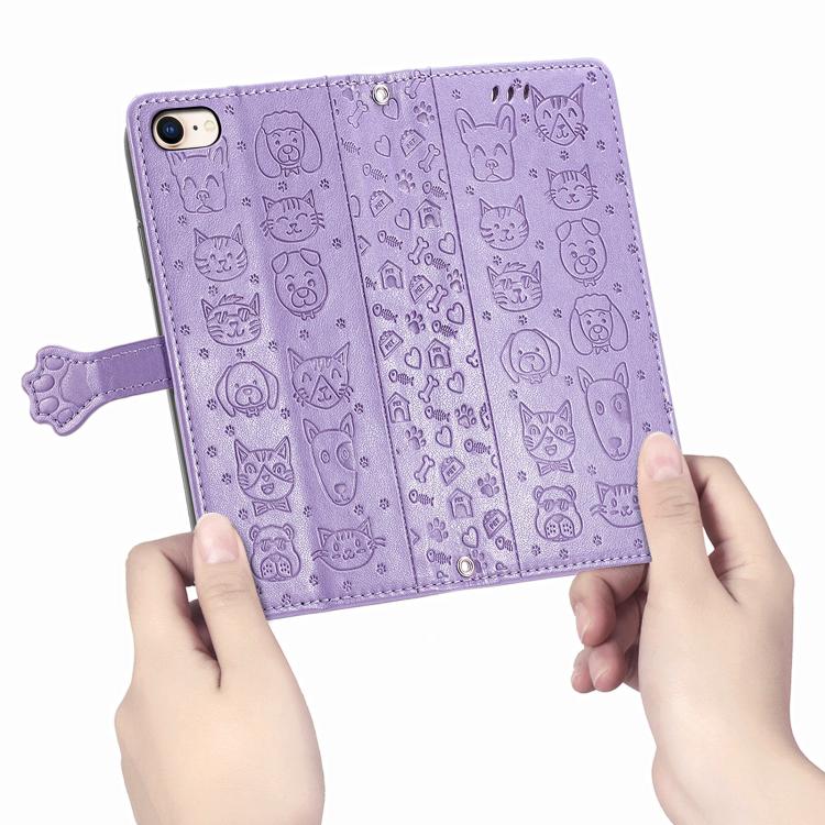 For iPhone 16e Cat and Dog Embossed Leather Phone Case(Purple) by bashfashion