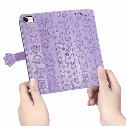 For iPhone 16e Cat and Dog Embossed Leather Phone Case(Purple) by bashfashion