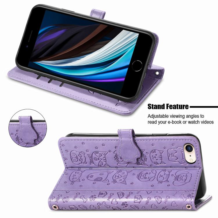 For iPhone 16e Cat and Dog Embossed Leather Phone Case(Purple) by bashfashion