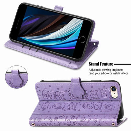 For iPhone 16e Cat and Dog Embossed Leather Phone Case(Purple) by bashfashion