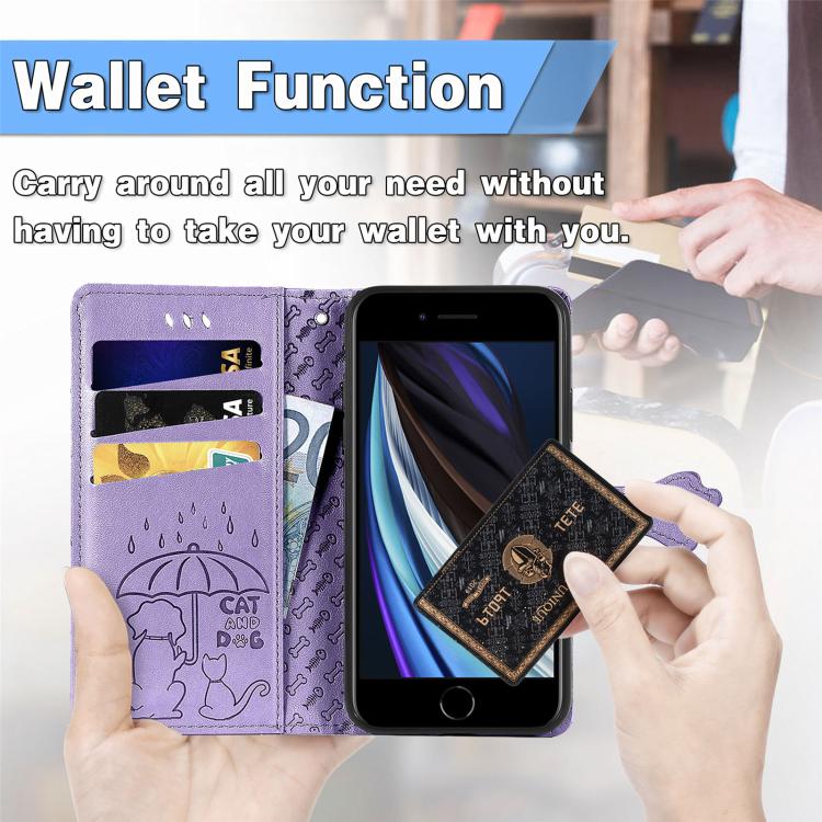 For iPhone 16e Cat and Dog Embossed Leather Phone Case(Purple) by bashfashion