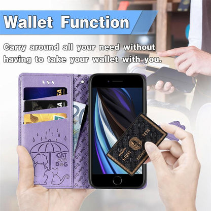 For iPhone 16e Cat and Dog Embossed Leather Phone Case(Purple) by bashfashion