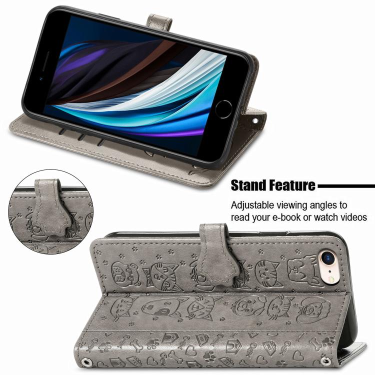 For iPhone 16e Cat and Dog Embossed Leather Phone Case(Gray) by bashfashion