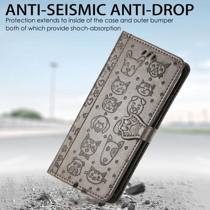 For iPhone 16e Cat and Dog Embossed Leather Phone Case(Gray) by bashfashion