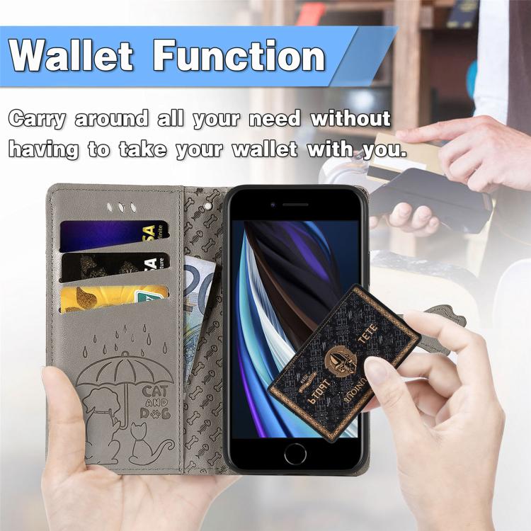 For iPhone 16e Cat and Dog Embossed Leather Phone Case(Gray) by bashfashion