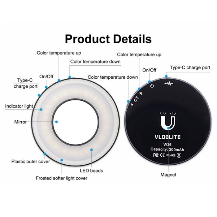 VLOGLITE W36 Mini LED Cell Phone Fill Light With Makeup Mirror Magnetic Selfie Ring Light by VLOGLITE