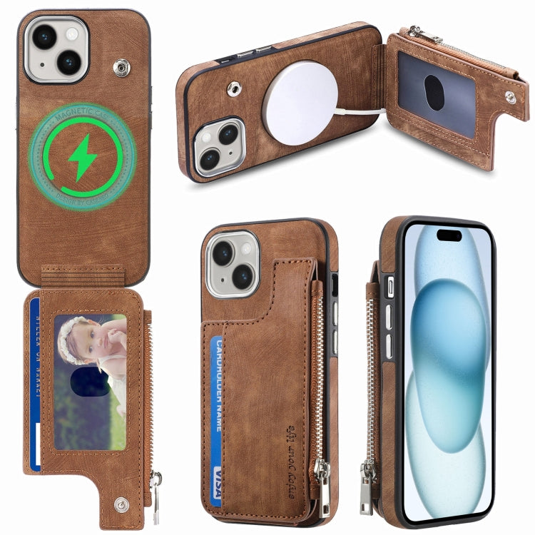 For iPhone 15 Magsafe Zipper RFID Wallet All-inclusive Shockrpoof Phone Case(Brown) by bashfashion