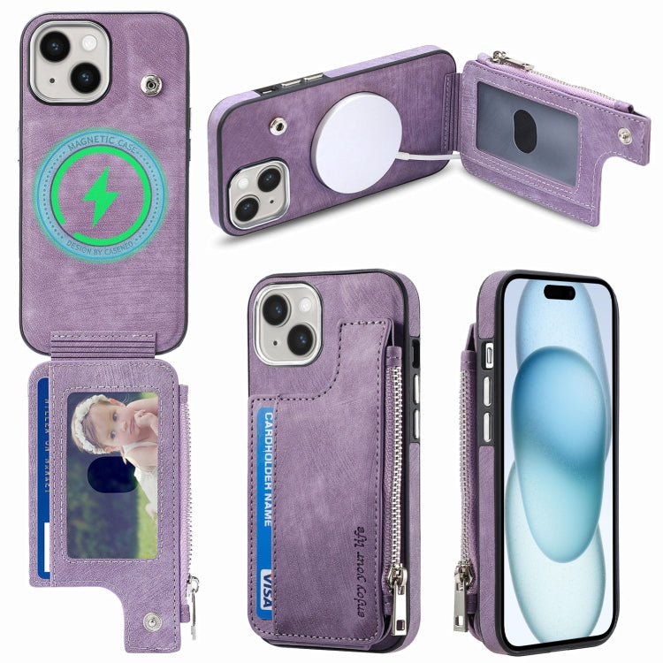 For iPhone 15 Magsafe Zipper RFID Wallet All-inclusive Shockrpoof Phone Case(Purple) by bashfashion