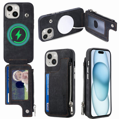 For iPhone 15 Magsafe Zipper RFID Wallet All-inclusive Shockrpoof Phone Case(Black) by bashfashion