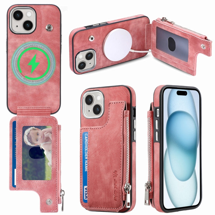 For iPhone 15 Plus Magsafe Zipper RFID Wallet All-inclusive Shockrpoof Phone Case(Pink) by bashfashion