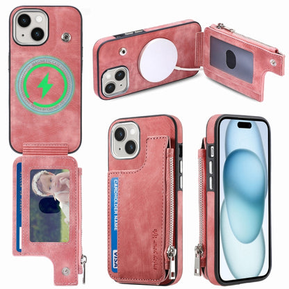 For iPhone 15 Plus Magsafe Zipper RFID Wallet All-inclusive Shockrpoof Phone Case(Pink) by bashfashion