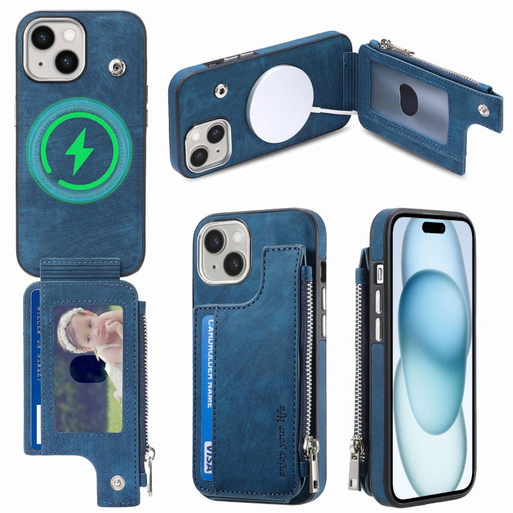 For iPhone 15 Plus Magsafe Zipper RFID Wallet All-inclusive Shockrpoof Phone Case(Blue) by bashfashion