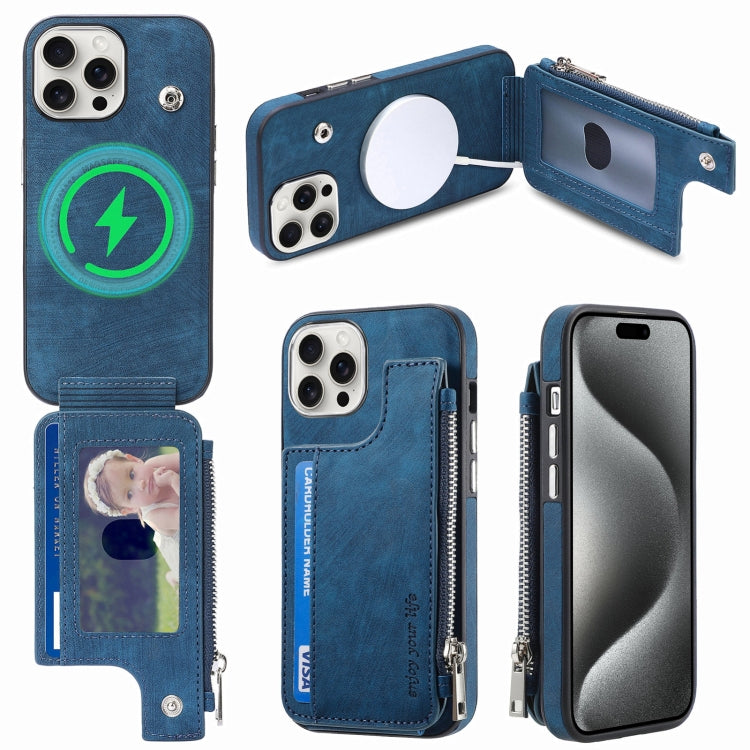 For iPhone 15 Pro Magsafe Zipper RFID Wallet All-inclusive Shockrpoof Phone Case(Blue) by bashfashion