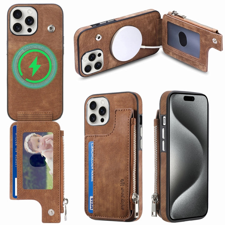 For iPhone 15 Pro Max Magsafe Zipper RFID Wallet All-inclusive Shockrpoof Phone Case(Brown) by bashfashion
