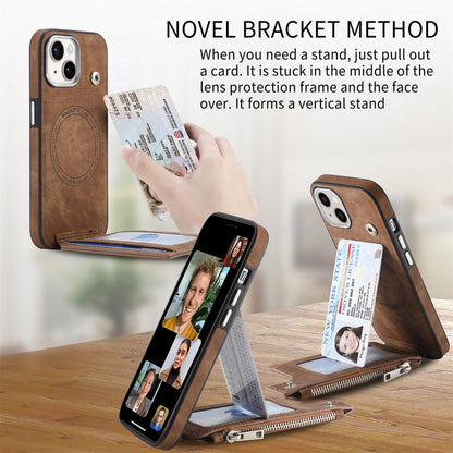 For iPhone 15 Pro Max Magsafe Zipper RFID Wallet All-inclusive Shockrpoof Phone Case(Brown) by bashfashion