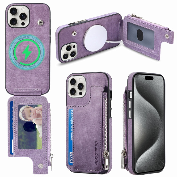 For iPhone 15 Pro Max Magsafe Zipper RFID Wallet All-inclusive Shockrpoof Phone Case(Purple) by bashfashion