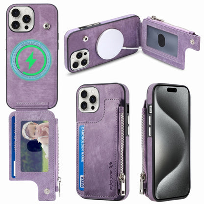 For iPhone 15 Pro Max Magsafe Zipper RFID Wallet All-inclusive Shockrpoof Phone Case(Purple) by bashfashion