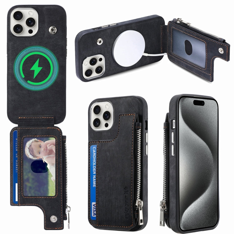 For iPhone 15 Pro Max Magsafe Zipper RFID Wallet All-inclusive Shockrpoof Phone Case(Black) by bashfashion