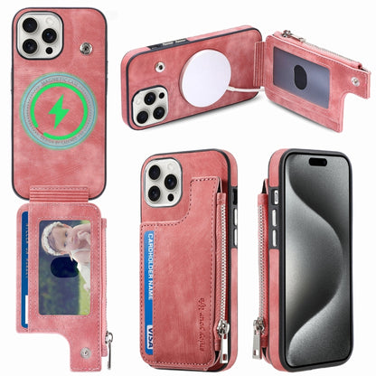 For iPhone 15 Pro Max Magsafe Zipper RFID Wallet All-inclusive Shockrpoof Phone Case(Pink) by bashfashion