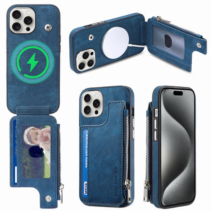 For iPhone 15 Pro Max Magsafe Zipper RFID Wallet All-inclusive Shockrpoof Phone Case(Blue) by bashfashion