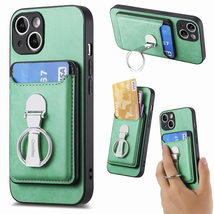 For iPhone 15 Plus Skin Feel Ring Holder Wallet Magnetic Phone Case(Green) by bashfashion
