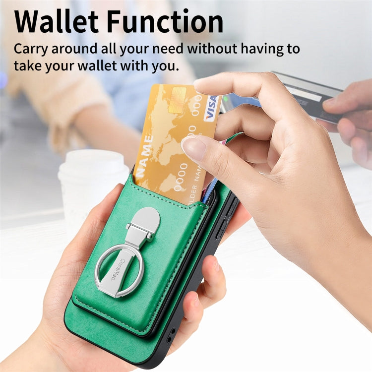For iPhone 15 Plus Skin Feel Ring Holder Wallet Magnetic Phone Case(Green) by bashfashion