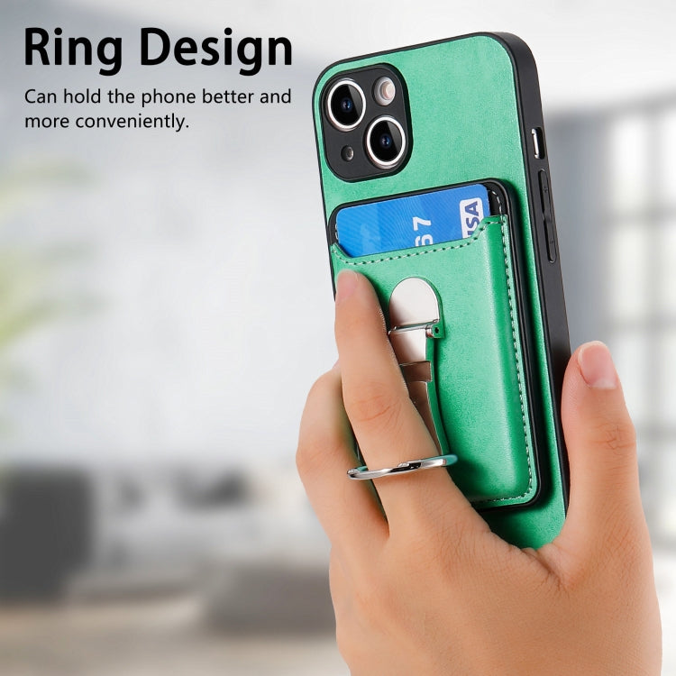 For iPhone 15 Plus Skin Feel Ring Holder Wallet Magnetic Phone Case(Green) by bashfashion