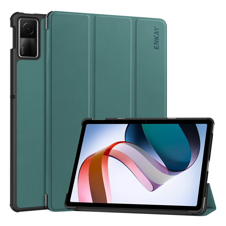 For Redmi Pad SE 11.0 ENKAY Tri-fold Custer Texture Leather Smart Tablet Case(Dark Green) by ENKAY