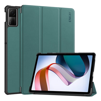 For Redmi Pad SE 11.0 ENKAY Tri-fold Custer Texture Leather Smart Tablet Case(Dark Green) by ENKAY