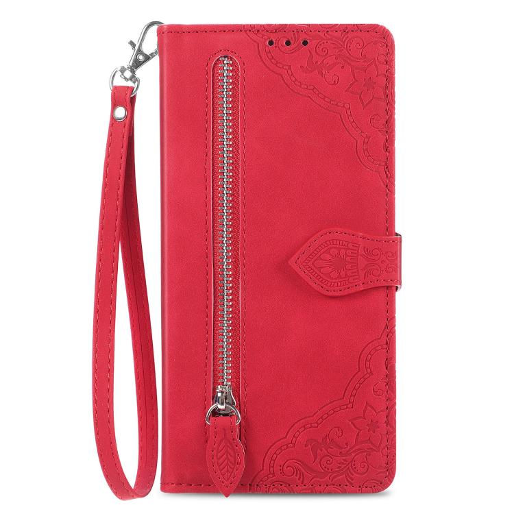 For iPhone 16e Embossed Flower Zipper Leather Phone Case(Red) by bashfashion