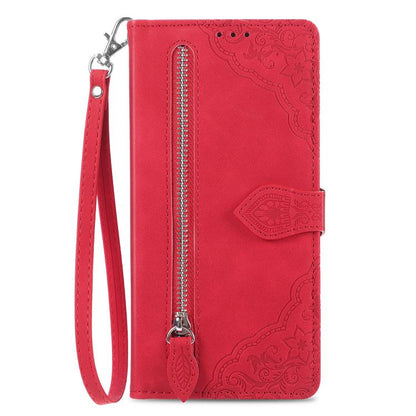 For iPhone 16e Embossed Flower Zipper Leather Phone Case(Red) by bashfashion