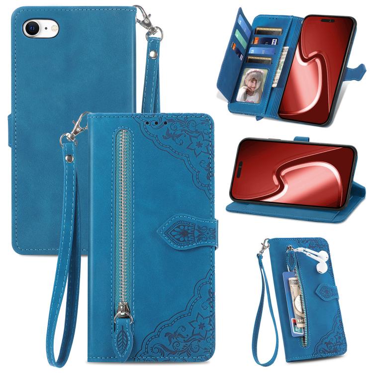 For iPhone 16e Embossed Flower Zipper Leather Phone Case(Blue) by bashfashion